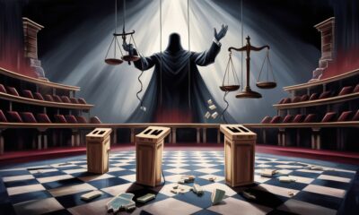 “Ilustrasi simbolik pemilu Suriah sebagai demokrasi semu, dengan kotak suara kosong, dalang bayangan, dan timbangan keadilan pecah.”