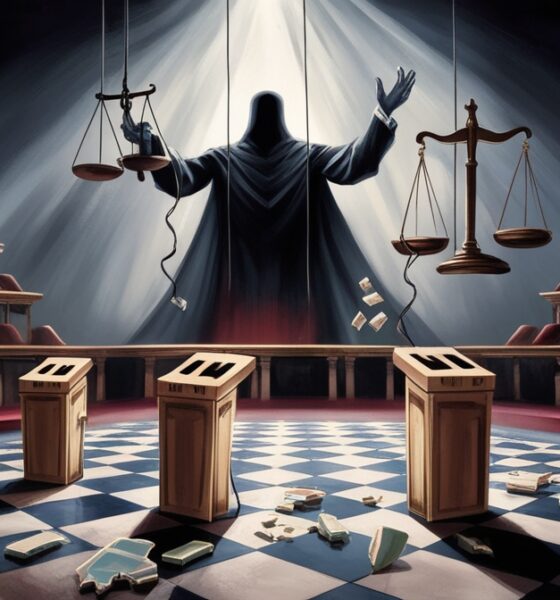 “Ilustrasi simbolik pemilu Suriah sebagai demokrasi semu, dengan kotak suara kosong, dalang bayangan, dan timbangan keadilan pecah.”