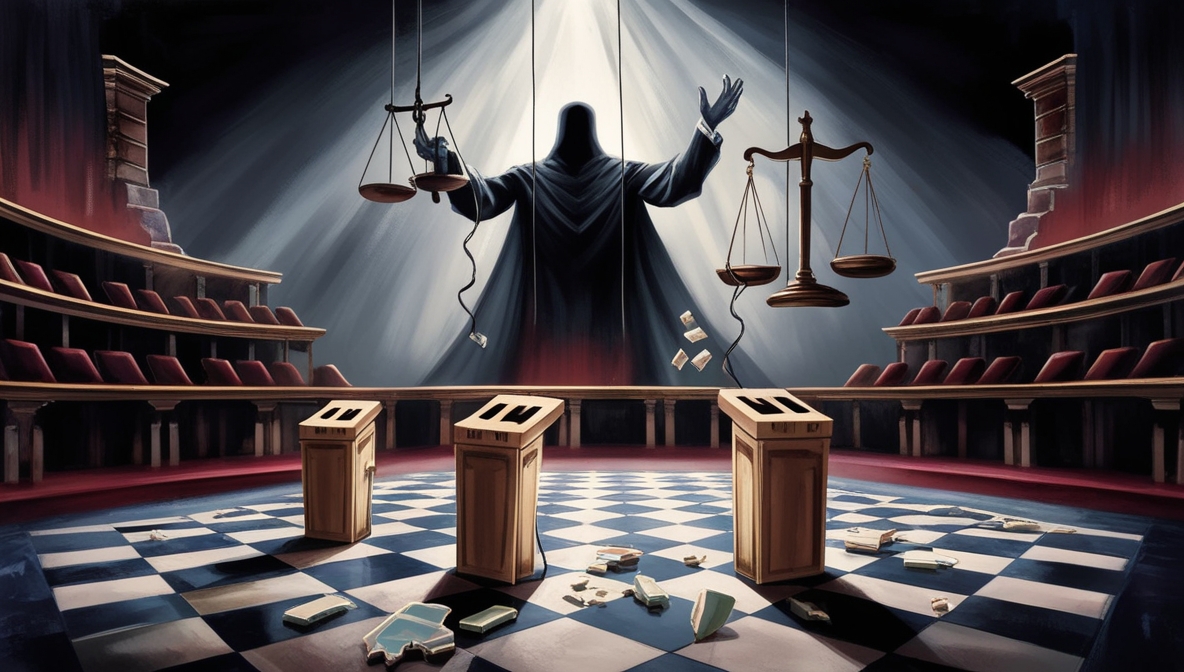 “Ilustrasi simbolik pemilu Suriah sebagai demokrasi semu, dengan kotak suara kosong, dalang bayangan, dan timbangan keadilan pecah.”