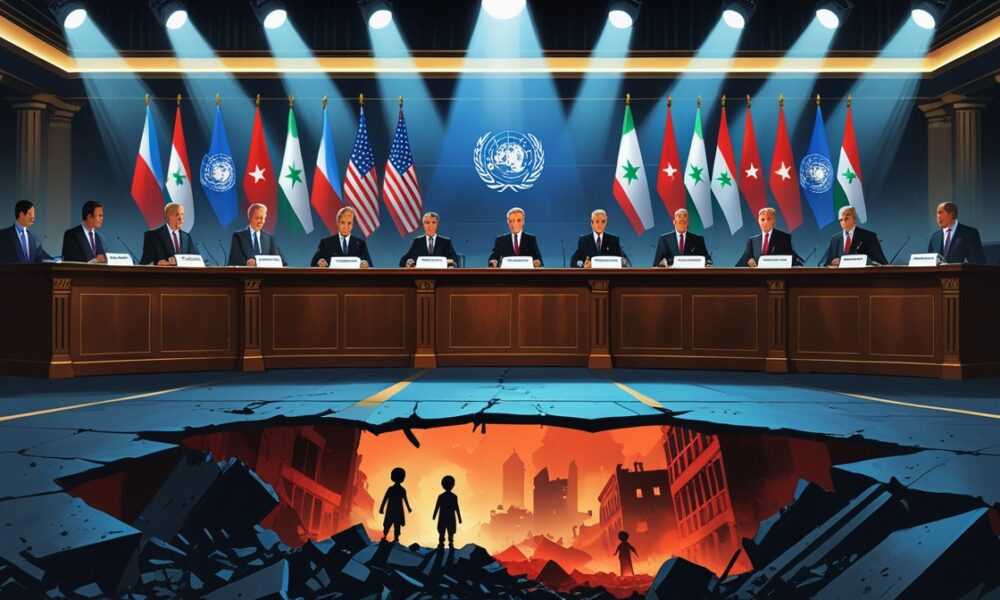 Ilustrasi editorial meja diplomasi mewah dengan bendera negara Barat, sementara di bawahnya terlihat Gaza hancur berasap—kontras tajam antara pengakuan formal dan penderitaan nyata.