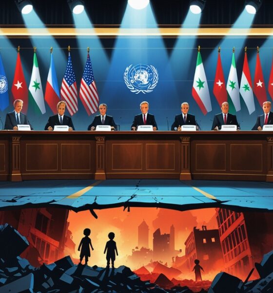 Ilustrasi editorial meja diplomasi mewah dengan bendera negara Barat, sementara di bawahnya terlihat Gaza hancur berasap—kontras tajam antara pengakuan formal dan penderitaan nyata.
