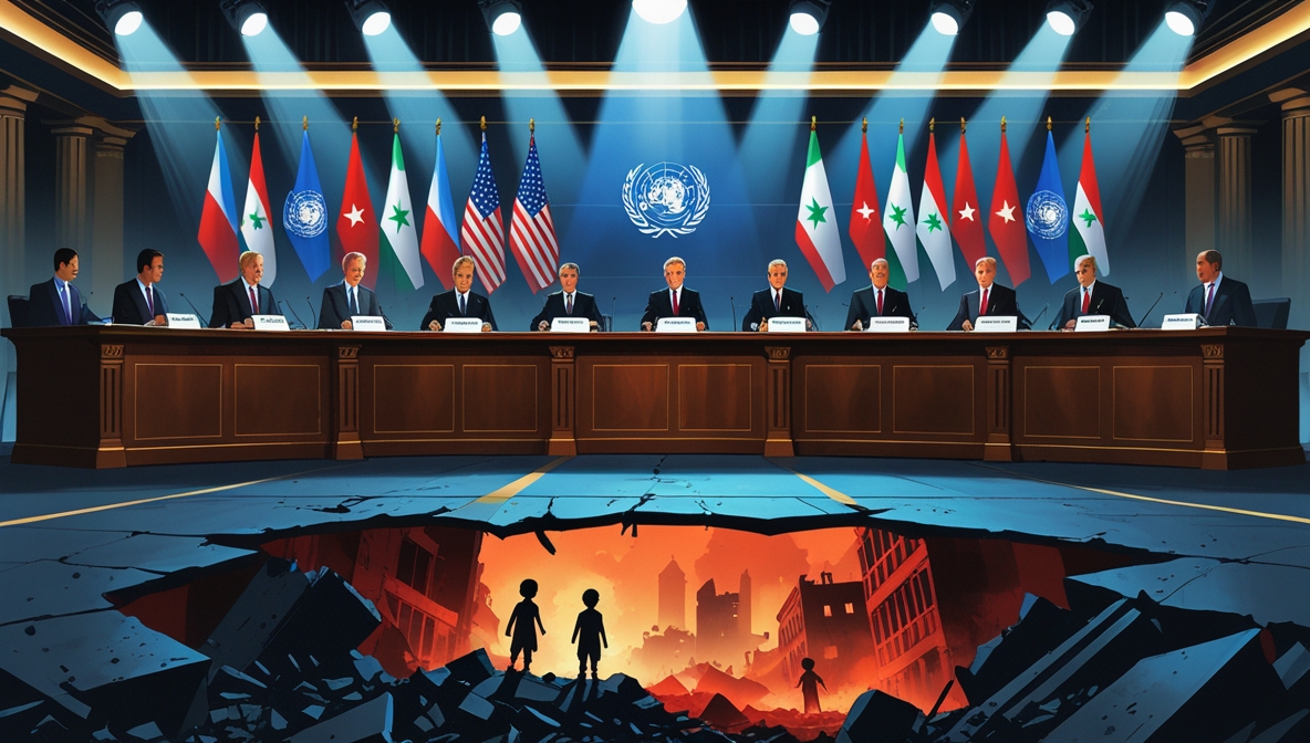 Ilustrasi editorial meja diplomasi mewah dengan bendera negara Barat, sementara di bawahnya terlihat Gaza hancur berasap—kontras tajam antara pengakuan formal dan penderitaan nyata.