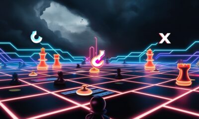 Ilustrasi editorial abstrak menunjukkan papan catur yang menyatu dengan sirkuit digital berpendar biru dan merah, melambangkan perang algoritma di media sosial tanpa menampilkan sosok manusia.