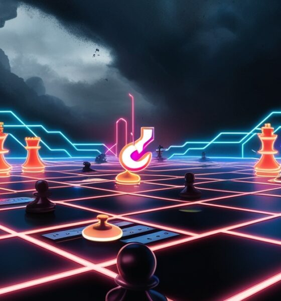 Ilustrasi editorial abstrak menunjukkan papan catur yang menyatu dengan sirkuit digital berpendar biru dan merah, melambangkan perang algoritma di media sosial tanpa menampilkan sosok manusia.