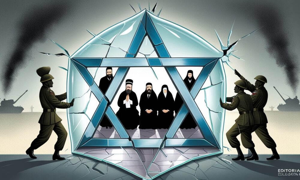 Ilustrasi editorial simbolis retaknya persatuan zionis di tengah perang Gaza