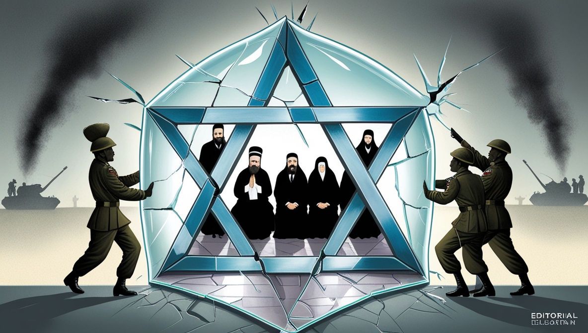 Ilustrasi editorial simbolis retaknya persatuan zionis di tengah perang Gaza