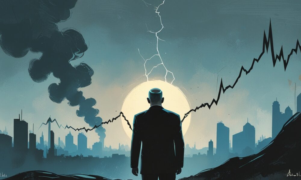 Ilustrasi editorial Benjamin Netanyahu dengan siluet retak di depan asap Gaza dan grafik pasar saham yang menurun, simbol pamor politik yang pudar.