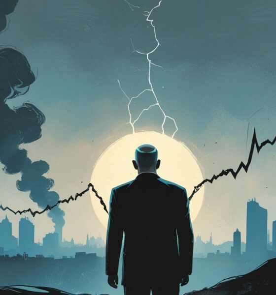 Ilustrasi editorial Benjamin Netanyahu dengan siluet retak di depan asap Gaza dan grafik pasar saham yang menurun, simbol pamor politik yang pudar.