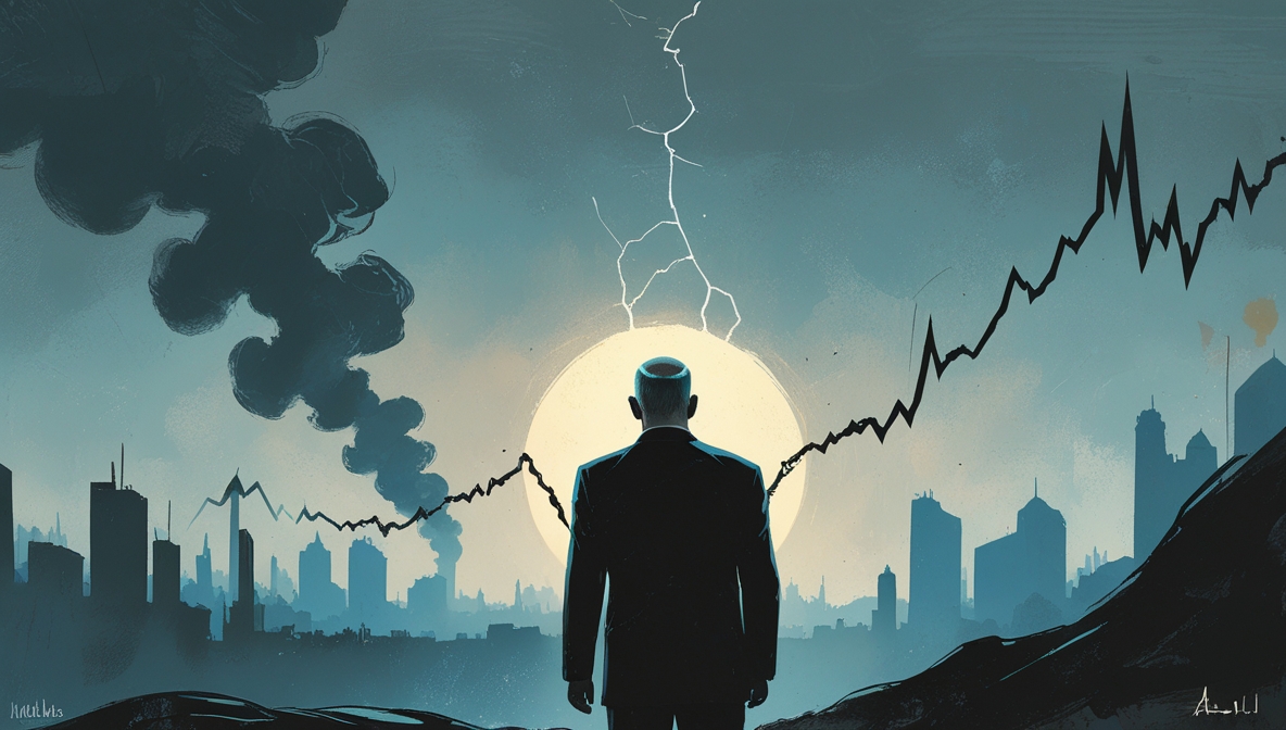 Ilustrasi editorial Benjamin Netanyahu dengan siluet retak di depan asap Gaza dan grafik pasar saham yang menurun, simbol pamor politik yang pudar.