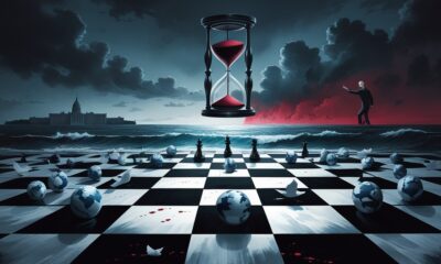 Ilustrasi editorial bergaya simbolis menampilkan lautan badai yang membentuk papan catur raksasa dengan bidak-bidak berbentuk bola dunia dan burung merpati terbalik, sementara jam pasir merah tergantung terbalik di langit meneteskan tinta gelap ke laut, melambangkan ambisi kekuasaan yang mengancam perdamaian dunia.