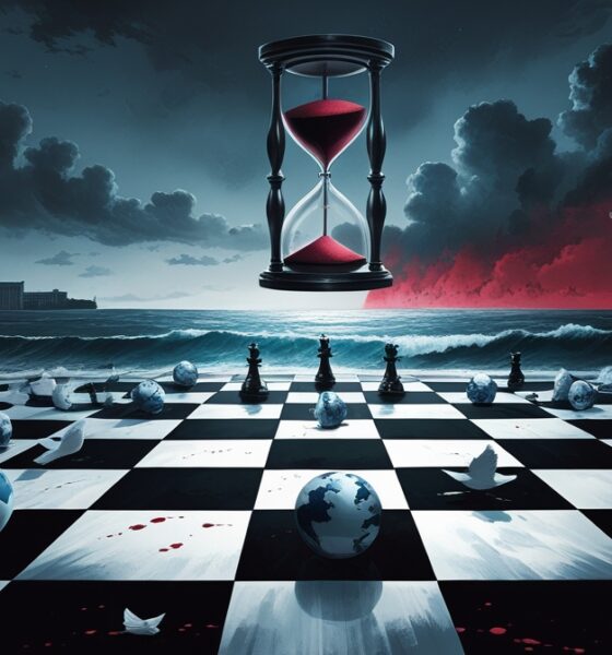 Ilustrasi editorial bergaya simbolis menampilkan lautan badai yang membentuk papan catur raksasa dengan bidak-bidak berbentuk bola dunia dan burung merpati terbalik, sementara jam pasir merah tergantung terbalik di langit meneteskan tinta gelap ke laut, melambangkan ambisi kekuasaan yang mengancam perdamaian dunia.