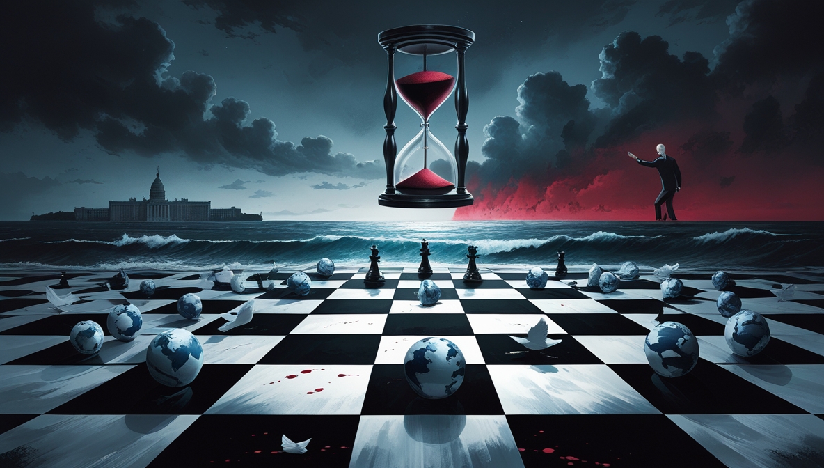 Ilustrasi editorial bergaya simbolis menampilkan lautan badai yang membentuk papan catur raksasa dengan bidak-bidak berbentuk bola dunia dan burung merpati terbalik, sementara jam pasir merah tergantung terbalik di langit meneteskan tinta gelap ke laut, melambangkan ambisi kekuasaan yang mengancam perdamaian dunia.