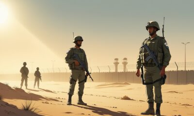 Ilustrasi editorial pasukan Mesir berjaga di gurun Sinai dengan latar perbatasan Israel