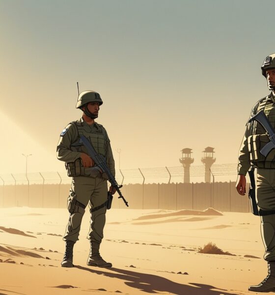 Ilustrasi editorial pasukan Mesir berjaga di gurun Sinai dengan latar perbatasan Israel