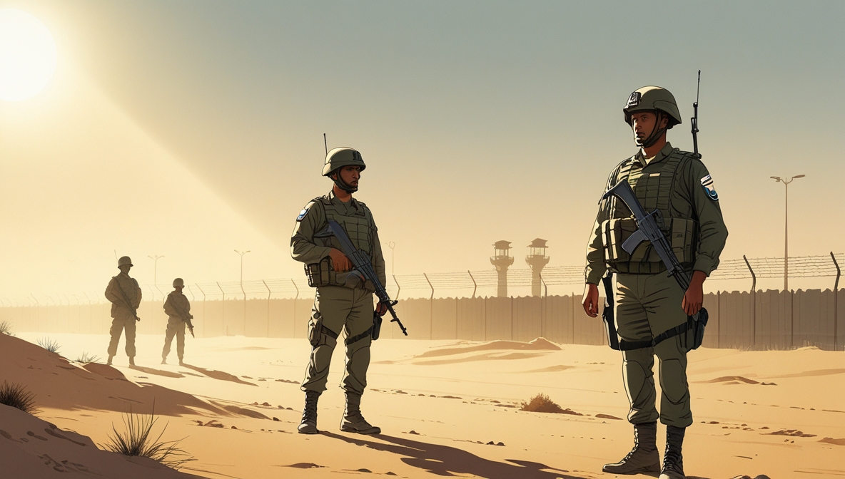 Ilustrasi editorial pasukan Mesir berjaga di gurun Sinai dengan latar perbatasan Israel