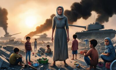 Palestinian mother standing firm in Gaza ruins, symbol of silent resistance.