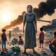Palestinian mother standing firm in Gaza ruins, symbol of silent resistance.