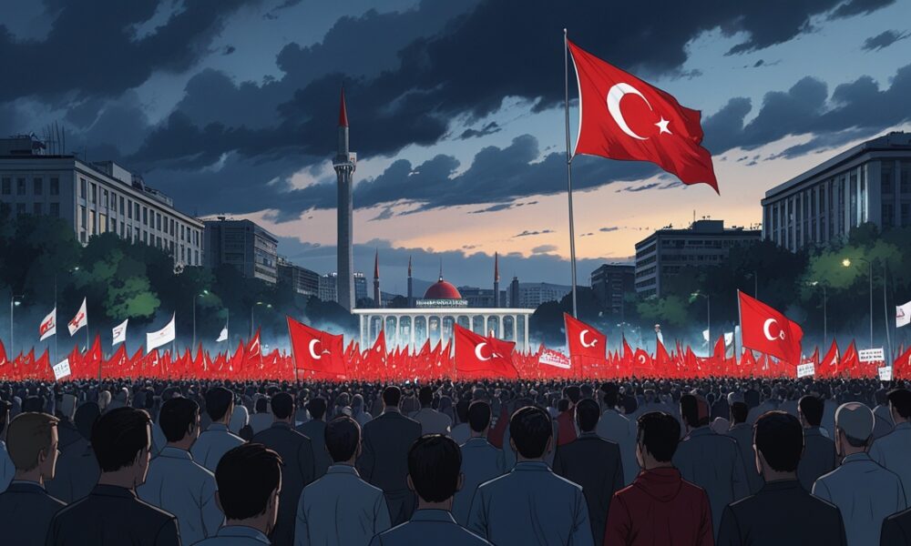 Massa demonstran di Lapangan Tandogan membawa bendera Turki menuntut keadilan politik