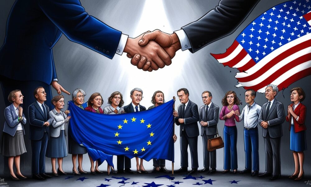Ilustrasi editorial rakyat Eropa menolak kesepakatan UE-AS.