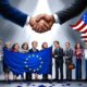 Ilustrasi editorial rakyat Eropa menolak kesepakatan UE-AS.