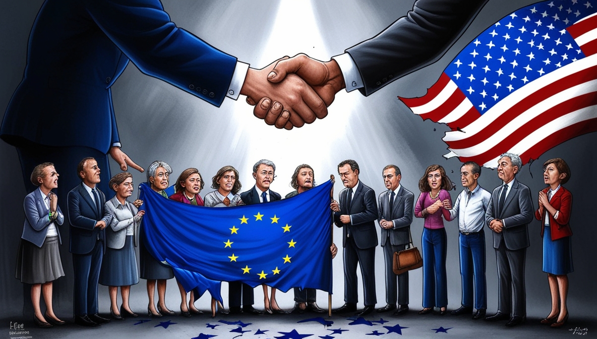 Ilustrasi editorial rakyat Eropa menolak kesepakatan UE-AS.