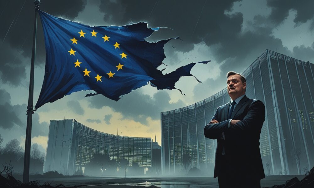 Ilustrasi editorial menampilkan bendera Uni Eropa yang robek berkibar di langit mendung, dengan gedung Parlemen Eropa retak samar dan sosok siluet menyerupai Viktor Orban berdiri menatapnya.