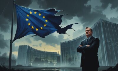 Ilustrasi editorial menampilkan bendera Uni Eropa yang robek berkibar di langit mendung, dengan gedung Parlemen Eropa retak samar dan sosok siluet menyerupai Viktor Orban berdiri menatapnya.