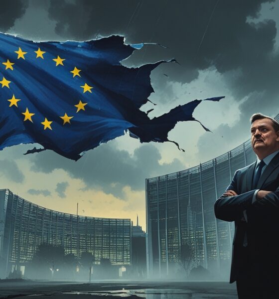 Ilustrasi editorial menampilkan bendera Uni Eropa yang robek berkibar di langit mendung, dengan gedung Parlemen Eropa retak samar dan sosok siluet menyerupai Viktor Orban berdiri menatapnya.