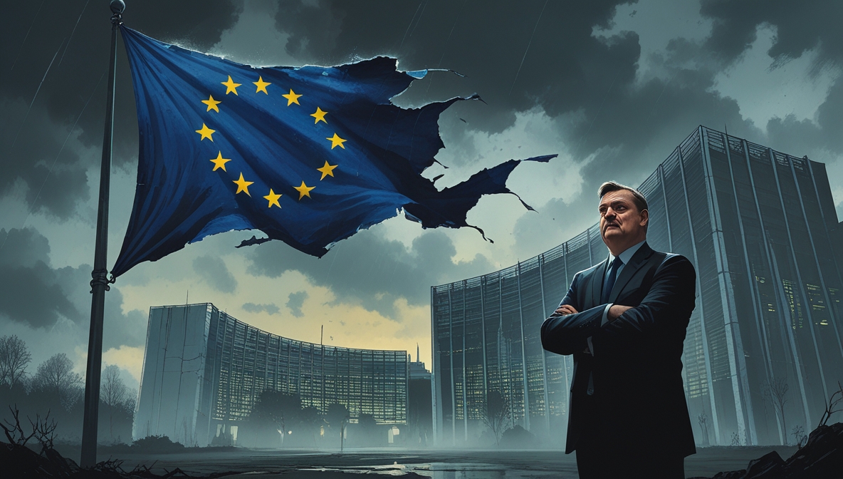Ilustrasi editorial menampilkan bendera Uni Eropa yang robek berkibar di langit mendung, dengan gedung Parlemen Eropa retak samar dan sosok siluet menyerupai Viktor Orban berdiri menatapnya.