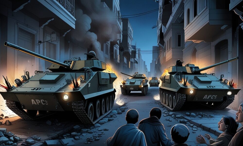 obot APC Israel bergerak di lorong Gaza City, menciptakan ketegangan dan kehancuran.