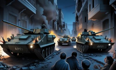 obot APC Israel bergerak di lorong Gaza City, menciptakan ketegangan dan kehancuran.