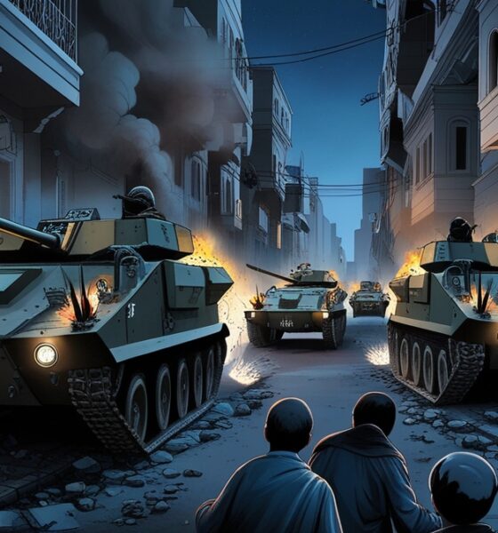 obot APC Israel bergerak di lorong Gaza City, menciptakan ketegangan dan kehancuran.