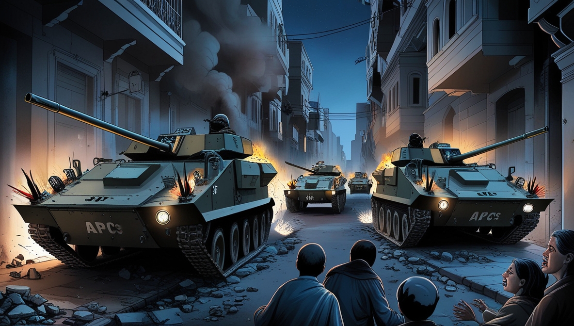 obot APC Israel bergerak di lorong Gaza City, menciptakan ketegangan dan kehancuran.