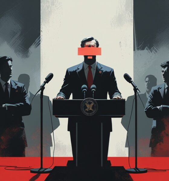 Menteri berbicara di podium dengan ekspresi tegang, menggambarkan komunikasi pejabat yang kontroversial.