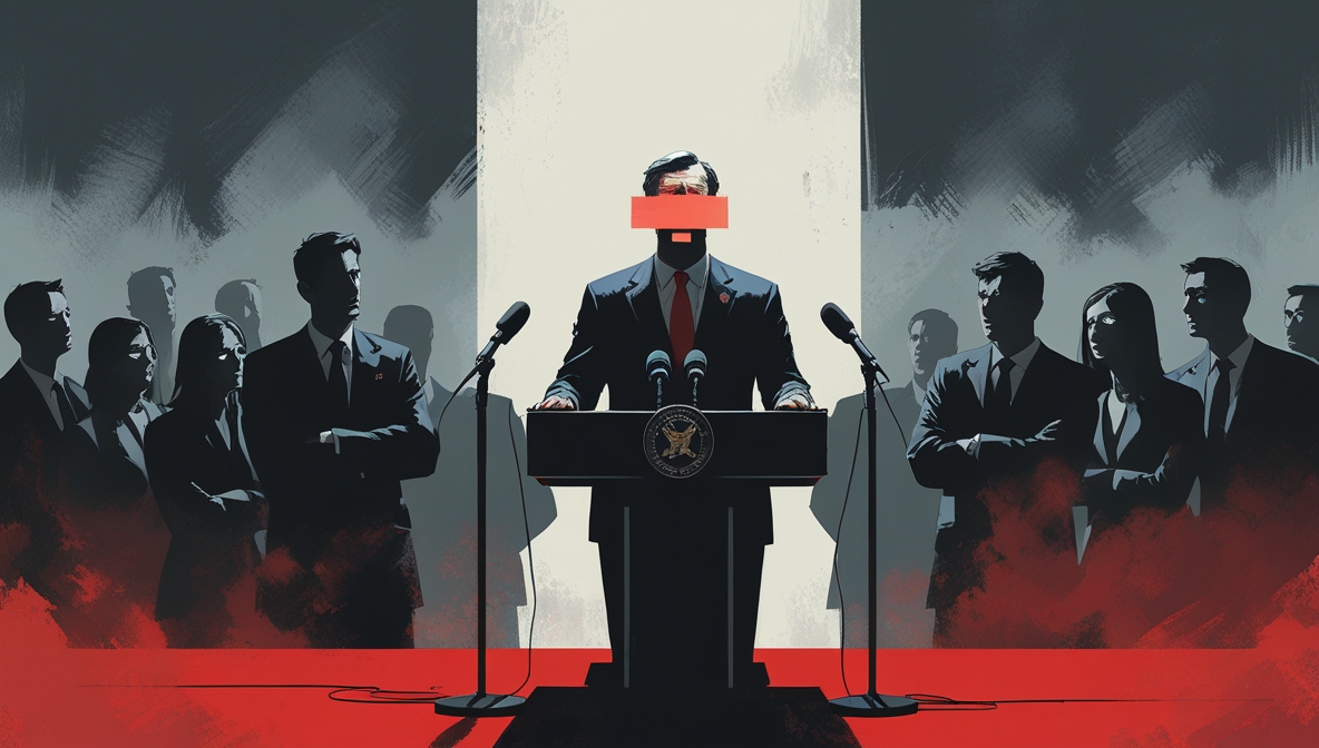 Menteri berbicara di podium dengan ekspresi tegang, menggambarkan komunikasi pejabat yang kontroversial.