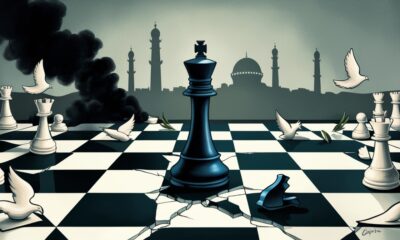 Ilustrasi simbolis raja catur retak berdiri di papan pecah dengan latar asap Gaza.