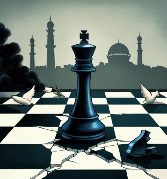 Ilustrasi simbolis raja catur retak berdiri di papan pecah dengan latar asap Gaza.