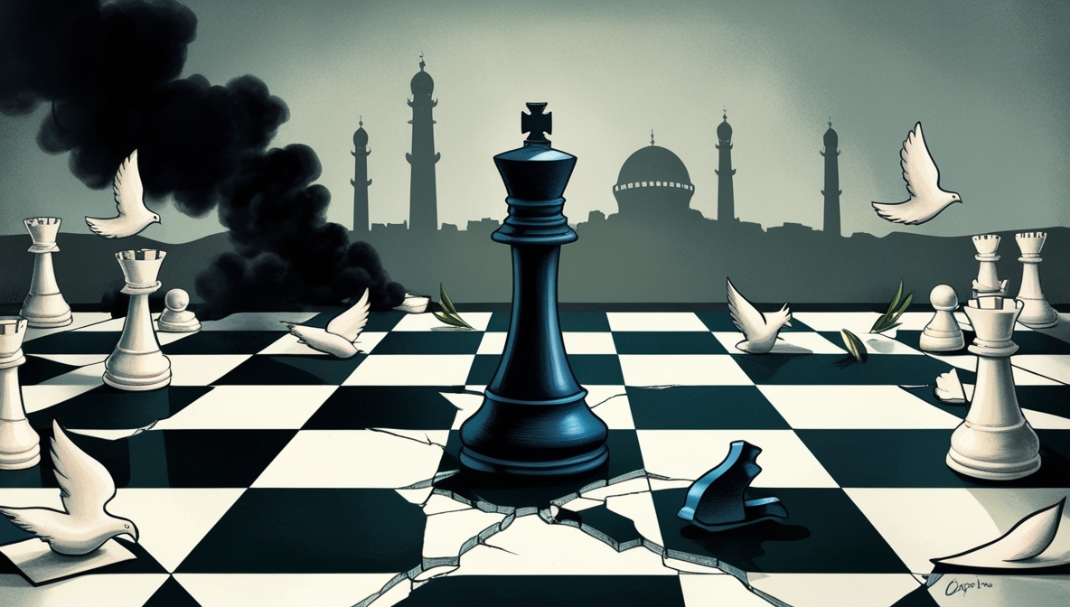 Ilustrasi simbolis raja catur retak berdiri di papan pecah dengan latar asap Gaza.