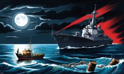 Ilustrasi editorial ketegangan laut Karibia, kapal nelayan Venezuela kecil berhadapan dengan bayangan kapal perang AS yang besar di bawah langit gelap.