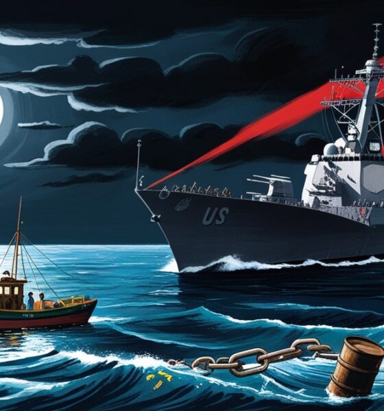 Ilustrasi editorial ketegangan laut Karibia, kapal nelayan Venezuela kecil berhadapan dengan bayangan kapal perang AS yang besar di bawah langit gelap.