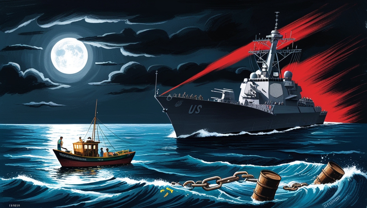Ilustrasi editorial ketegangan laut Karibia, kapal nelayan Venezuela kecil berhadapan dengan bayangan kapal perang AS yang besar di bawah langit gelap.