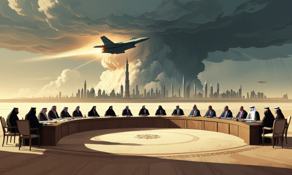 Ilustrasi editorial KTT darurat Arab-Islam di Doha menanggapi serangan Israel, menampilkan siluet para pemimpin Arab di meja bundar dengan latar langit badai dan bayangan jet tempur.