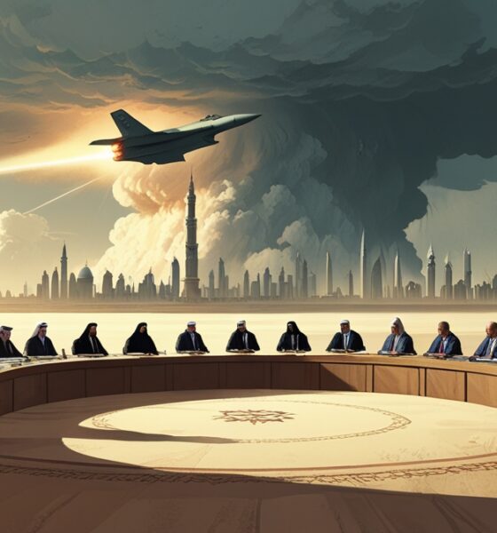 Ilustrasi editorial KTT darurat Arab-Islam di Doha menanggapi serangan Israel, menampilkan siluet para pemimpin Arab di meja bundar dengan latar langit badai dan bayangan jet tempur.