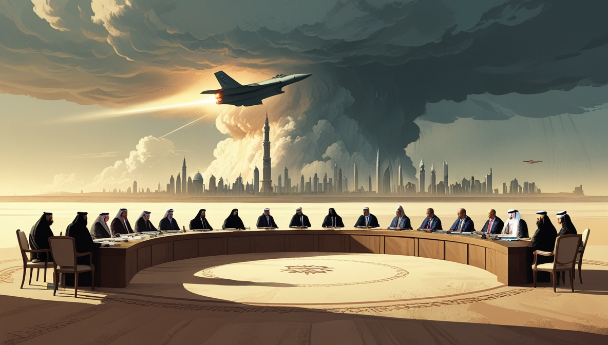 Ilustrasi editorial KTT darurat Arab-Islam di Doha menanggapi serangan Israel, menampilkan siluet para pemimpin Arab di meja bundar dengan latar langit badai dan bayangan jet tempur.