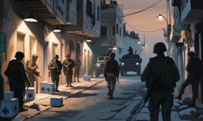 Editorial illustration of Gaza streets with shadowy militia figures controlling aid routes, symbolizing covert military strategy