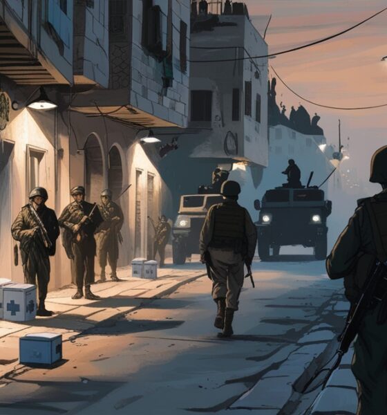 Editorial illustration of Gaza streets with shadowy militia figures controlling aid routes, symbolizing covert military strategy