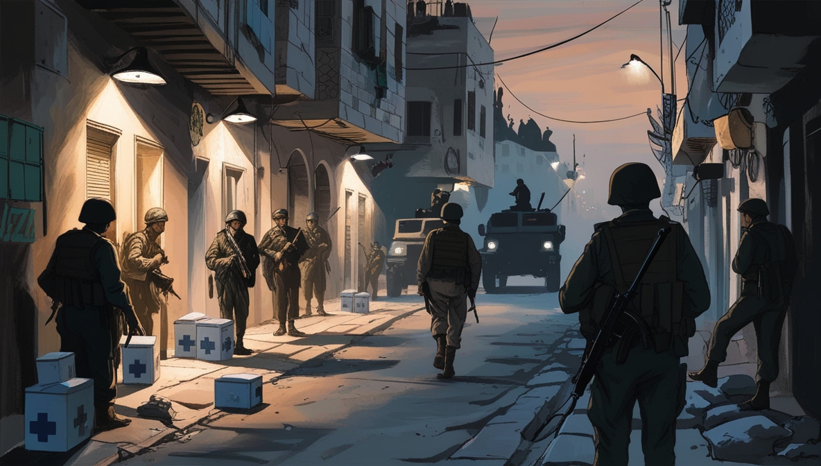 Editorial illustration of Gaza streets with shadowy militia figures controlling aid routes, symbolizing covert military strategy