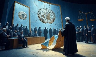 Ilustrasi editorial cermin retak di aula PBB dengan bayangan pemimpin Barat dan sosok Iran membawa perjanjian sobek.