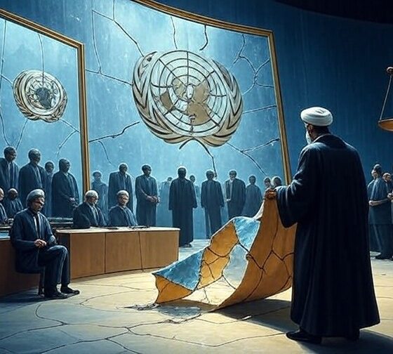 Ilustrasi editorial cermin retak di aula PBB dengan bayangan pemimpin Barat dan sosok Iran membawa perjanjian sobek.