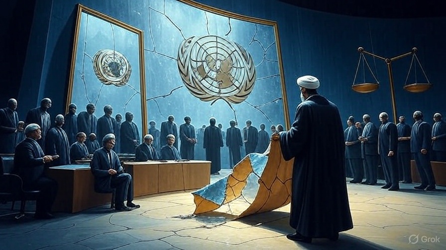 Ilustrasi editorial cermin retak di aula PBB dengan bayangan pemimpin Barat dan sosok Iran membawa perjanjian sobek.